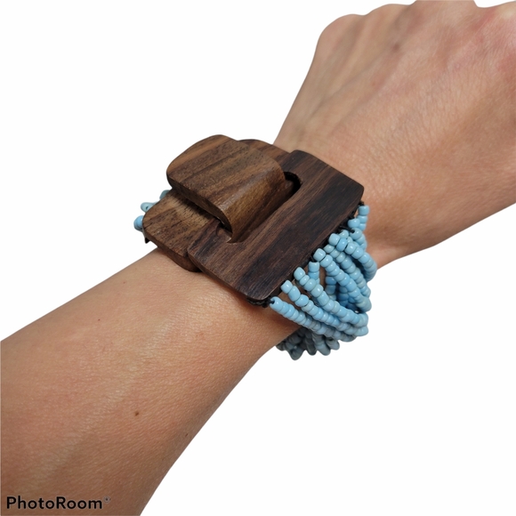 Stretch Cuff Style Real Wood Walnut Statement Bracelet - Picture 3 of 8